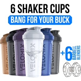 VELOMIX -6 PACK- 28 oz Protein Shaker Bottle for Protein Mixes - 6x Wire Whisk | Leak Proof Shaker Cups for Protein Shakes | Protein Shaker Bottle Pack | Protein Shake Cup (Elemental Mix)