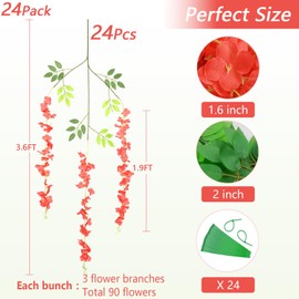 Siyaluens 24Pcs Artificial Wisteria Hanging Flowers, 3.6Ft/Pcs Red Fake Wisteria Garland for Wedding Party Home Garden Indoor Outdoor Decoration