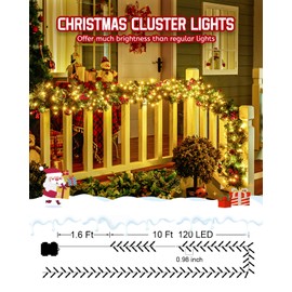 Minetom Christmas Cluster Lights Battery Operated Outdoor, 4 Pack 10Ft 120 LED Christmas Tree Lights Firecracker String Lights Waterproof Twinkle Lights for Indoor Wreath Xmas Tree Decorations