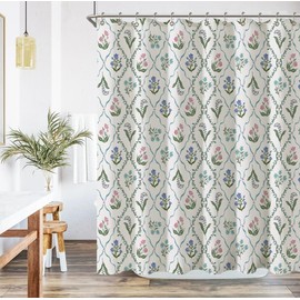 ORTIGIA Floral Vine Shower Curtain- 72x72 Inch Fabric Bath Curtain with 12 Metal Hooks, Block Print Design for Farmhouse Bathrooms