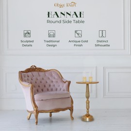 OBJET D'ART Small Round Gold Side Table, Accent, End, Pedestal, Martini, Cocktail and Drink Table for Living Room and Small Spaces, Hannah Vintage Metal Brass Style Decor, 20" Height