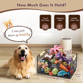 Tivray Dog Toy Basket, Chew-Proof Metal Dog Toy Bin with Handles, Pet Stuff Storage Organizer Box for Dogs with Marker Pen, Portable & Foldable Puppy Toys Basket for Living Room, 15''×10.63''×8.27''