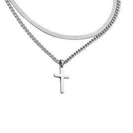 Cross Chain Men's Cross Chain Silver Cross Chain Men's Black Necklace Stainless Steel Cuban Chain Layered Cross Pendant Graduation Birthday Gifts for Men, Stainless Steel