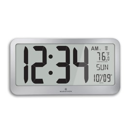 Marathon Slim Jumbo Panoramic Atomic Wall Clock with Date and Indoor Temperature. Commercial Grade with Big 6-Inch Numbers, Alarm and Table Stand. Batteries Included (Graphite Grey)