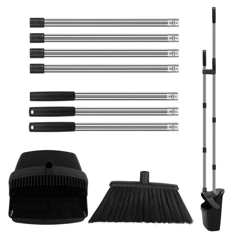 Upgraded Broom and Dustpan Set, Black Large Broom with Dustpan