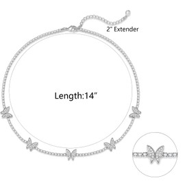 Luxval Tennis Necklace Butterfly 14K Silver Plated Choker Necklaces for women Dainty Zirconia Cut Faux Diamond chain 2mm Width 14Inches