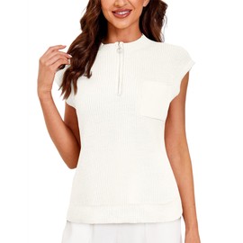 GoyRrbay Women Sleeveless Knit Zip Sweater Vest Loose Fit Mock Neck Casual Tank Top with Front Pocket White