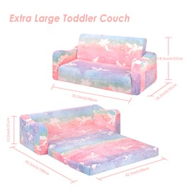 alldomess Kids Couch Extra Large,Glow in The Dark 2-in-1 Folding Kids Sofa Bed for Girls,2 Seats Convertible Sleeper Lounger Toddler Couch for Children Bedroom Playroom Nursery,Unicorn