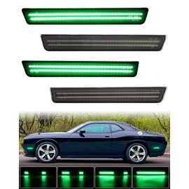 Dynamic Green LED Side Marker Light for Dodge Challenger 2015 2016 2017 2018 2019 2020 2021 2022 2023 Smoked Len Front Rear Green Bumper Fender Lamps, Pack of 4