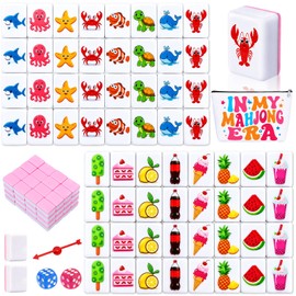 Natonhi 2 Player Mahjong Block Set, 66 Pink Mah Jongg Tiles, 1.18 Inch Ocean and Food Theme Travel Mahjong Game Set with Storage Bag for Beach Trips, Summer Parties and Family Game Night Gifts