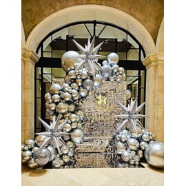 Adeyoo Silver Star Balloons,8Pcs Foil Starburst Balloons Explosion Star Balloons Huge One-Piece 14-Pointed Spike Balloons 4D Mylar Balloons for Christmas New Year Eve Birthday Party Decorations