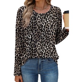 OFEEFAN Leopard Print Tops for Women Womens Long Sleeve T Shirts Tunics Or Tops to Wear with Leggings Fall Outfits Brown Leopard Print M