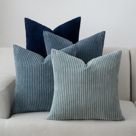 Volcanics Set of 4 Dusty Blue Navy Series Corduroy Decorative Couch Throw Pillow Covers 18x18 Inch, Soft Modern Boho Striped Cushion Cases for Patio, Balcony, Children Bedroom, Summer Gradient Shams