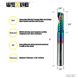 WEXWE Tools Solid Carbide CNC Spiral Single Flute End Mill - for Acrylic Plate Aluminum, Wood, Plastic, Brass, Copper Cutting - 1/4 Diameter 1/4" Shank 2" Length,1 Flute (1/4-2.5" 2PCS)