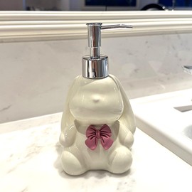 Cute Rabbit Ceramics Countertop Soap Dispenser, 11oz/320ml Elegant Long Eared Rabbit Design Hand Dish Lotion Dispenser for Kitchen, Bathroom and Bedroom (White)
