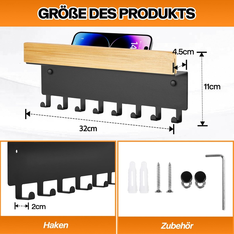 TINIFO Wooden Key Rack with Shelf - Key Holder Wall