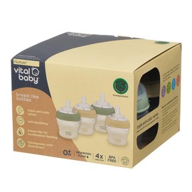 Vital Baby Nurture Breast-Like 0m+ Baby Feeding Bottles, 150ml 4pk, Self-Sterilising in 3 Mins, Triple Anti-Colic Valves, Slow Flow Teats, EarthSmart Biodegradable, BPA-Free