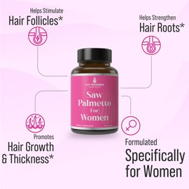 Saw Palmetto for Women + Biotin, Zinc, Copper, & Vitamin D. Women's Hair Growth Supplement. Clean, Non-GMO, Vegan Hair Vitamins with Standardized Saw Palmetto