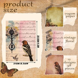 PerKoop 48 Sheets Decoupage Paper for Crafts and Furniture 8.3 x 11.7 Inches Vintage Birds and Butterflies Paper Decorative Decoupage Decor Supplies for Crafts Scrapbook 12 Styles, Exquisite
