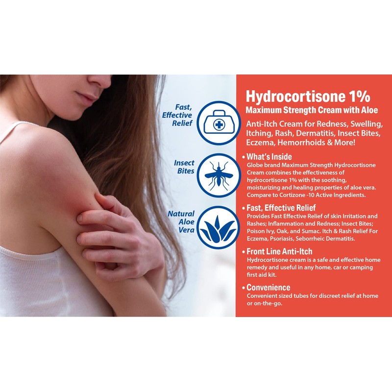 (3 Pack) Globe Hydrocortisone Maximum Strength Cream 1% w/Aloe, Anti-Itch