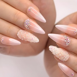 24Pcs Pink Almond Press on Nails Medium Gradient Pink Fake Nails with Colourful Rhinestones Design Glossy Artificial False Nails Acrylic Full Cover Glue on Nails for Women