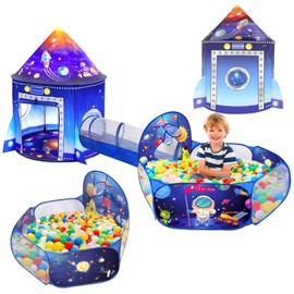 3 in 1 Rocket Ship Play Tent with Tunnel Ball Pit for Kids Space Themed Pop Up Playhouse Indoor Outdoor Astronaut Tent Set Toy Gift for Boys Girls Toddler Baby Child Games Birthday Party