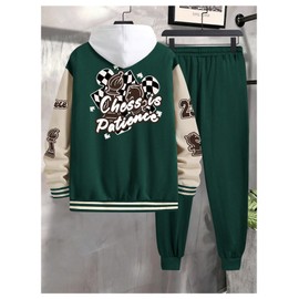 WDIRARA Men's Two Piece Color Block Graphic Print Drop Shoulder Hooded Sweatshirts and Long Pants with Pockets Set Green Beige Large