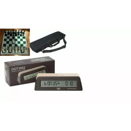 DGT Tournament Chess  4" Heavy Pieces Vinyl Board Blue Bag DGT 1002 Clock Timer Set