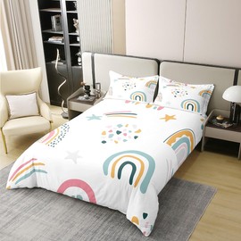 Full Size Duvet Cover Set Kids Rainbow 100% Pure Cotton Bedding Set Watercolor Rainbow Stars Comforter Cover 3 PCS Cartoon Style Quilt Cover Luxury Soft