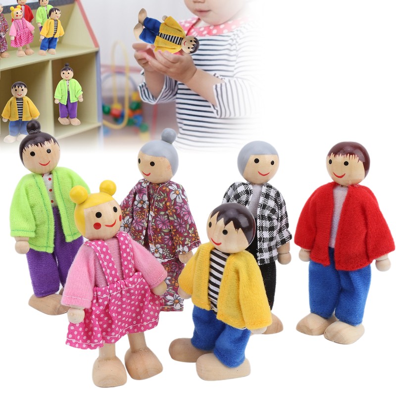 Family Doll Figures Pine Miniature People Toy Set Ornament Educational