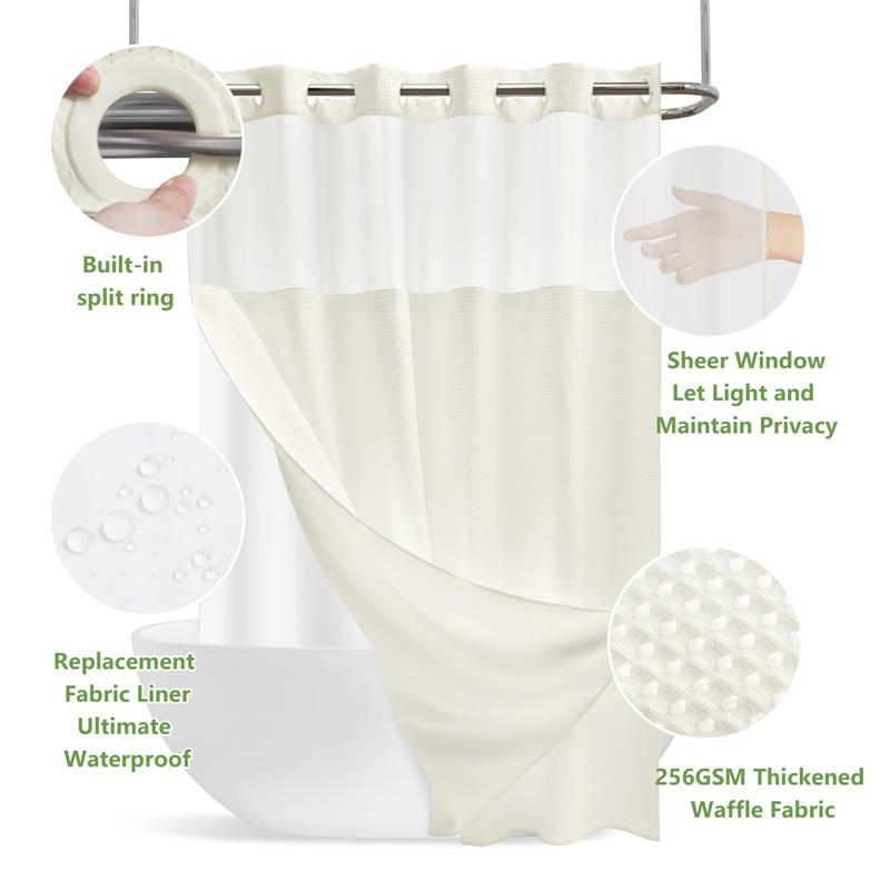 PILOTSHARK No Hook Waffle Weave Shower Curtain Set with Snap-in
