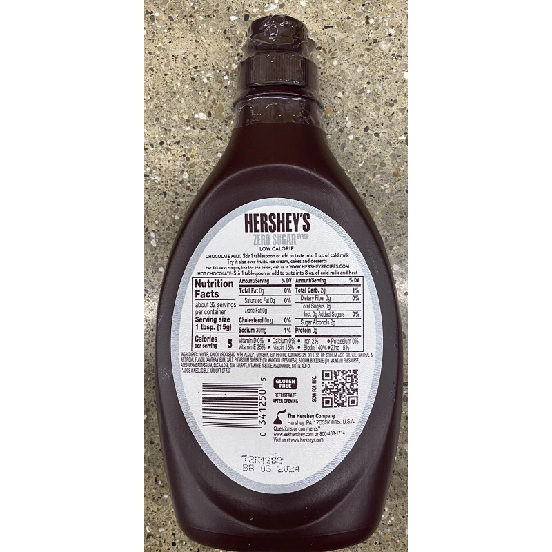 Hershey's Genuine CHOCOLATE Flavor Syrup ZERO SUGAR 17.5 Oz Bottle