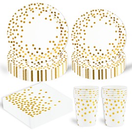 96 Piece Birthday Party Tableware Set, White Gold Birthday Party Tableware Cups Napkin Paper Plates Set for Girls Children Table Decoration 24 Guests