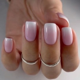 Ombre Press on Nails Short Square Fake Nails Nude Pink Gradient Acrylic Glue on Nails Reusable Acrylic Artificial Stick on Nail Glossy Full Cover False Nail for Women Manicure 24Pcs