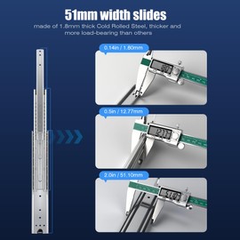 VITERLYNX 200Lbs Heavy Duty Drawer Slides 1 Pair 10 14 16 18 20 22 24 32 Inch Full Extension Ball Bearing Sliding Rails Kitchen Cabinet Shelf Runners Tracks Tool Box Glides（Wide51mm-22）