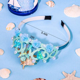 CURASA Mermaid Headband for Girls Blue Mermaid Crown Princess Tiara for Little Girls Seashell Crown Headbands Pearl Crown for Girls Mermiad Birthday Party Decoration Mermaid Hair Accessories