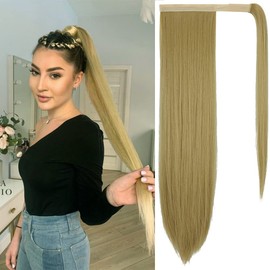 OMGREAT 28 Inch Clip in Ponytail Extension Wrap Around Straight Synthetic Hair Extensions for Women (Dark Brown Mix Light Auburn)