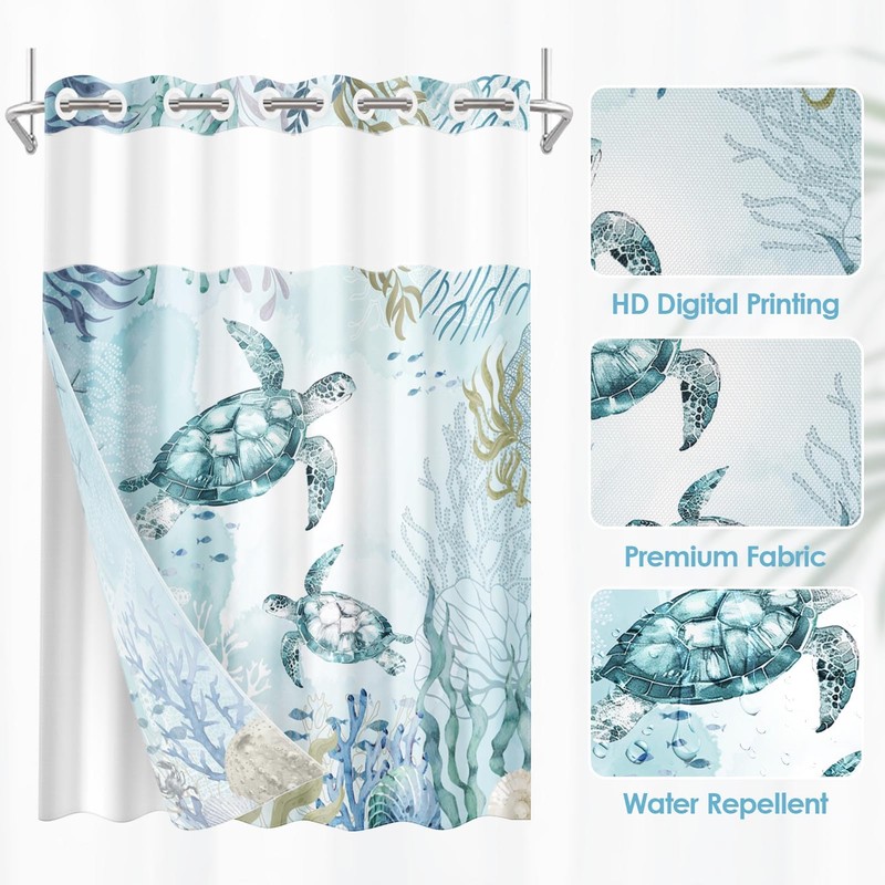 Nesphy No Hook Nautical Blue Sea Turtles Shower Curtain with