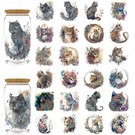 24PCS UV DTF Cup Wrap Stickers, Dreamy Cats Rub on Transfers for Crafts, Permanent DIY Transfer Decals for 16oz Libbey Glass Cans, Mugs, Candles, Notebooks and Flower Pots