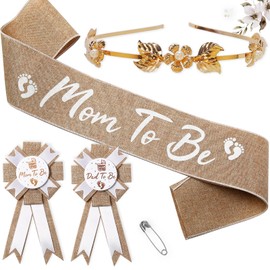 Mom to be Sash Neutral Baby Shower Decorations, Rustic Boho Mommy to be Sash Baby Shower Corsage Dad to be Pin and Flower Crown, Burlap