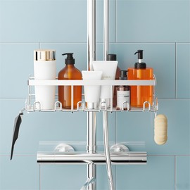 HouseUp Shower Shelf No Drilling for Shower Rail (Only for Round Bars 19 mm - 25 mm) - Shower Shelf Storage Shelf Stainless Steel Shampoo Soap Holder (Silver)