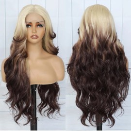 Brown Blonde Ombre Wig HD Front Lace Human Hair Blend Highlights  Long Straight