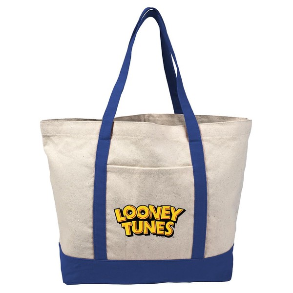 Looney Tunes Logo Canvas Tote Bag With External Pocket, Reusable