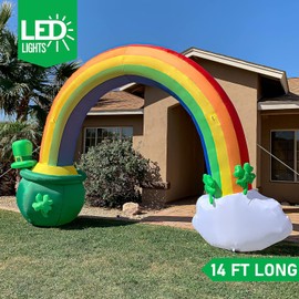 Joiedomi 14ft Long 10 FT Tall St Patrick Inflatable Rainbow Arch with LED Light Build-in Cauldron Pot of Gold Inflatable Yard Garden Decorations, Indoor and Outdoor Theme Party Decor, Lawn Decor