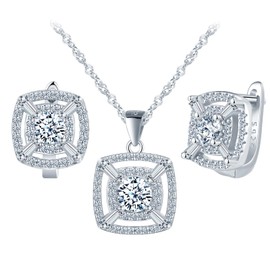 MicLee Square Zirconia Necklace Pendant and Earrings Hoops for Women Girl 925 Silver Diamond Jewellery Sets Fashion Wedding Jewellery Elegant Bridal Necklaces Earrings Silver