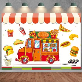 Food Truck Backdrop Burger Food Fries Drinks Photography Backdrop Kids Birthday Baby Shower Party Decor Hamburger Truck Backdrop Pizza Burger Coffee Shop Background (7X5FT)