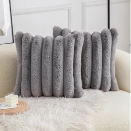 Neelvin Grey Faux Fur Cozy Soft Striped Decorative Throw Pillow Covers 16x16 inch,40cm x 40cm Set of 2,Velvet Pillowcase Cushion Case for Sofa Couch