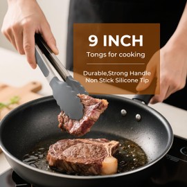 Stainless Steel & Silicone Food Tongs Set of 2 (9+12 Inch) - BPA-Free & Non-Toxic Heat Resistant Non-Scratch BBQ & Cooking Tools,Strong Grip Locking for Grilling,Air Fryer,Salad,Dishwasher Safe (Gray)