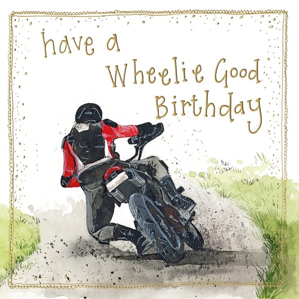 Alex Clark Motorcyclist Wheelie Bike Foil Birthday Card