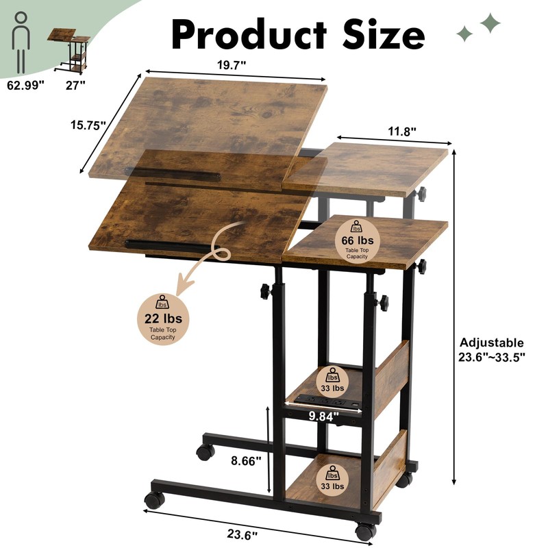 Hadulcet Adjustable C Table with Charging Station, Tiltable Desk C